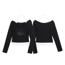 Print Halter Neck Long Sleeve T-Shirt with Off-Shoulder Design, Fitted Cropped Top Print Halter Neck Long Sleeve T-Shirt with Off-Shoulder Design, Fitted Cropped Top