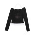 Print Halter Neck Long Sleeve T-Shirt with Off-Shoulder Design, Fitted Cropped Top