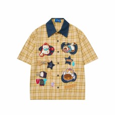 Cat Embroidered Yellow Grid Short Sleeve