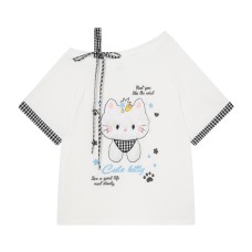 Short Sleeve Plaid Spliced Drawstring Shoulder Sweet Girl Style Crop Top
