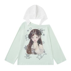 Star Print Top with Color-Block Hooded Long Sleeves