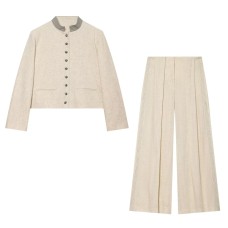 Pleated jacket+straight leg pants set with stitching