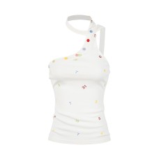 Single Shoulder Strap Crop Top for Women, Digital Print Button Detail Fitted Slimming Top