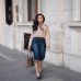 Retro Washed Distressed Seven-Quarter Denim Bo