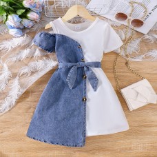 Splicing denim short sleeved irregular dress belt two-piece set