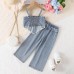 Irregular suspender ripped jeans set