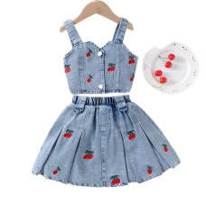 Flower embroidery camisole top, washed denim skirt two-piece set