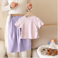 Cute Girls' Summer Outfit Set: Fitted Short Sleeve Top with Wide Leg Harajuku PantsLoose Summer Pants Two-Piece Set