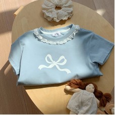 Cute Fitted Short Sleeve T-Shirt for Girls with Lace Peter Pan Collar and Bow Summer Fashion Top