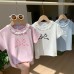 Cute Fitted Short Sleeve T-Shirt for Girls with Lace Peter Pan Collar and Bow Summer Fashion Top