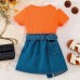 Letter printed top paired with denim skirt set Letter printed top paired with denim skirt set