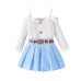 Collar vest top pleated skirt with belt three sets