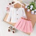 Collar vest top pleated skirt with belt three sets