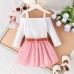 Collar vest top pleated skirt with belt three sets