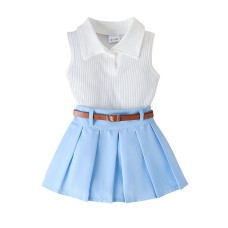 Collar sleeveless top paired with pleated skirt set