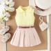 Collar sleeveless top paired with pleated skirt set