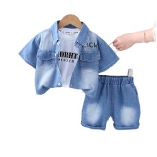 Flip collar letter double pocket washed denim shirt short sleeved three piece set