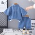 Flip collar letter double pocket washed denim shirt short sleeved three piece set