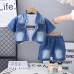 Flip collar letter double pocket washed denim shirt short sleeved three piece set