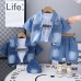 Flip collar letter double pocket washed denim shirt short sleeved three piece set