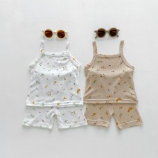 Girls' Floral Strap Set Summer Outfit, Cotton Two-Piece Baby Clothing, Lightweight Summer Wear