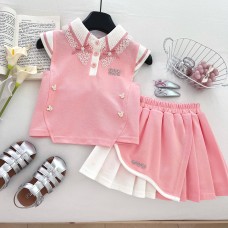 Floral Butterfly Knot Collar Girls' Set, Short Sleeve Vest Top with Ruffle Skirt, Summer Outfit for Kids