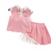 Floral Butterfly Knot Collar Girls' Set, Short Sleeve Vest Top with Ruffle Skirt, Summer Outfit for Kids