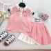 Floral Butterfly Knot Collar Girls' Set, Short Sleeve Vest Top with Ruffle Skirt, Summer Outfit for Kids