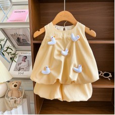 Cute Cartoon Two-Piece Set for Girls Summer Sleeveless Dress and Vest Outfit