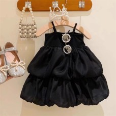 Elegant Pure Color Retro Highbrow Style Sleeveless High-Waisted Bloomed Tiered Dress for Girls