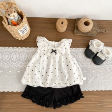 Cute Polka Dot Bow Sleeveless Vest and Shorts Set for Girls, Summer Two-Piece Outfit
