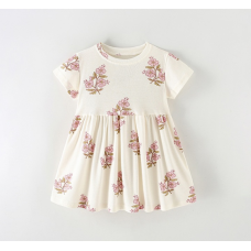 Flower pattern round neck short sleeved dress