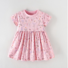 Flower pattern round neck short sleeved A-line skirt