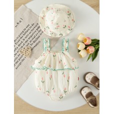 Summer Baby Adorable Onesie with Hat, 0-2 Years, Floral Print, Pure Cotton Baby Bodysuit