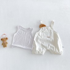 Summer New Baby Boy Two-Piece Set with Stripe Vest and Bib Overalls, Casual Design