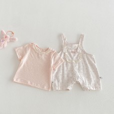 Dotted BabyFloral Overalls Set Summer Casual Short Sleeve Romper Two-Piece Outfit