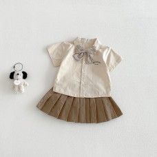 Dotted Summer College-Style Shirt Set for Boys and Girls, Sibling Matching Outfits, Infant Pleated Skirt and Shorts Two-Piece Trendy Set