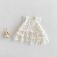 Cute Layered Tulle Dress with Flutter Sleeves for Baby Girls, Breathable Sleeveless Summer Dress, Simple and Sweet Style