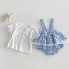 Summer New Baby Carrier Plaid Romper Set, Girl Baby Short Sleeve Ruffled Onesie Two-Piece Set