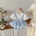 Summer New Baby Carrier Plaid Romper Set, Girl Baby Short Sleeve Ruffled Onesie Two-Piece Set