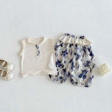 Cute Summer Lightweight Baby Simple Ruffled Vest with Floral Mosquito-Resistant Pants Two-Piece Set
