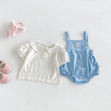 Cute Baby Girl Summer Set with Cartoon Embroidery, Sleeveless Overall Romper and Short Sleeve Top, Sweet Peter Pan Collar Two-Piece Outfit