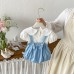 Cute Baby Girl Summer Set with Cartoon Embroidery, Sleeveless Overall Romper and Short Sleeve Top, Sweet Peter Pan Collar Two-Piece Outfit Cute Baby Girl Summer Set with Cartoon Embroidery, Sleeveless Overall Romper and Short Sleeve Top, Sweet Peter Pan Collar Two-Piece Outfit