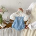 Cute Baby Girl Summer Set with Cartoon Embroidery, Sleeveless Overall Romper and Short Sleeve Top, Sweet Peter Pan Collar Two-Piece Outfit Cute Baby Girl Summer Set with Cartoon Embroidery, Sleeveless Overall Romper and Short Sleeve Top, Sweet Peter Pan Collar Two-Piece Outfit
