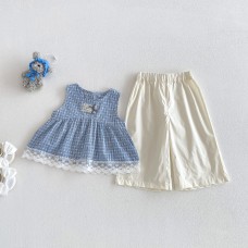 Cute Lace Checkered Vest  Loose Pants Two-Piece Set for Girls Summer Casual Outfit
