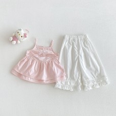 Cute Butterfly Knot Strap Top and Ruffled Wide-Leg Pants Set for Babies, Summer Fashion Casual Style