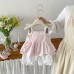 Cute Butterfly Knot Strap Top and Ruffled Wide-Leg Pants Set for Babies, Summer Fashion Casual Style