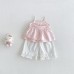 Cute Butterfly Knot Strap Top and Ruffled Wide-Leg Pants Set for Babies, Summer Fashion Casual Style