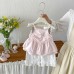 Cute Butterfly Knot Strap Top and Ruffled Wide-Leg Pants Set for Babies, Summer Fashion Casual Style