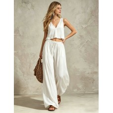V-neck solid color sleeveless camisole top wide leg pants set V-neck solid color sleeveless camisole top wide leg pants set